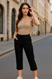 Kadın Capri Beli Lastikli Rahat Kesim Günlük Düz Siyah Kapri Pantolon