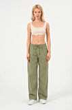 Kadın Keten Bol Paça Beli Lastikti Pantolon