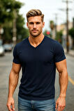 Erkek %100 Pamuk Kısa Kollu Lacivert T-shirt V Yaka Basic Erkek Tişört