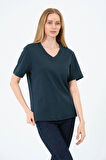 Kadın V yaka Kısa Tişort -İnterlok Kumaş