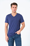 Erkek V Yaka %100 Pamuk Kısa Kollu Lacivert T-shirt Basic Erkek Tişört
