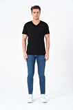 Erkek %100 Pamuk Kısa Kollu Siyah T-shirt V Yaka Basic Erkek Tişört
