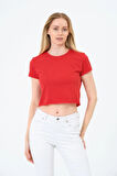 Kadın Kırmızı Kısa Kollu Oversize Crop - Pamuklu Basic Bisiklet Yaka T-shirt