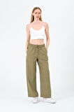 Kadın Yüksek Bel Bol Paça Keten Pantolon