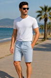 Erkek Yazlık Jakarlı Şort – Beyaz Mavi Çizgili, Cepli Model - Yazlık Şort