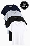 Erkek Siyah Beyaz Lacivert Gri %100 Pamuk 4'Lü Tişört Paketi