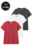 Kadın 3'lü Paket Antrasit-Beyaz-Pembe Oversize Tişört %100 Pamuk V Yaka T-Shirt