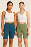 Kadın 2'li Paket Kısa Tayt Haki -petrol Mavi Yüksek Bel Toparlayıcı Esnek Günlük Ve Spor Kısa Tayt