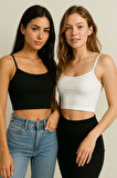 Kadın 2'li Paket Siyah Beyaz Kısa Crop İp Askılı Krop Bluz Büstiyer