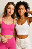 Kadın 2'li Paket Beyaz Pembe Kısa Crop İp Askılı Krop Bluz Büstiyer
