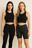 Kadın 2'li Paket Siyah Kısa ve Uzun Yüksek Bel Toparlayıcı Esnek Günlük ve Spor Tayt