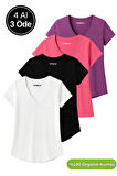 Kadın 4'lü Paket Siyah-Beyaz-Mor-Pembe %100 Organik Pamuk Tişört V Yaka T-Shirt