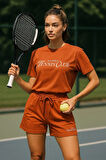 Kadın Sporty Kısa Kollu Bisiklet Yaka Oversize T-shirt ve Şortlu Alt Üst Takım Tenis İkili Takım