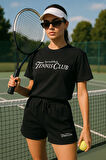 Kadın Sporty Kısa Kollu Bisiklet Yaka Oversize T-shirt ve Şortlu Alt Üst Takım Tenis İkili Takım