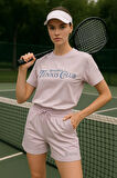 Kadın Sporty Kısa Kollu Bisiklet Yaka Oversize T-shirt ve Şortlu Alt Üst Takım Tenis İkili Takım