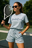 Kadın Sporty Kısa Kollu Bisiklet Yaka Oversize T-shirt ve Şortlu Alt Üst Takım Tenis İkili Takım
