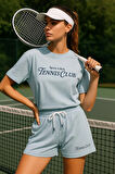Kadın Sporty Kısa Kollu Bisiklet Yaka Oversize T-shirt ve Şortlu Alt Üst Takım Tenis İkili Takım