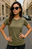Kadın %100 Organik Pamuklu Relaxed Yıkamalı T-shirt Bisiklet Yaka Kısa Kollu Kadın Basic Tişört