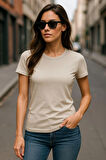 Kadın %100 Organik Pamuklu Relaxed Yıkamalı T-shirt Bisiklet Yaka Kısa Kollu Kadın Basic Tişört