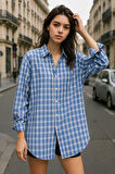 Kadın Mavi Beyaz Oversize Ekoseli Gömlek Over Fit Relaxed Gömlek