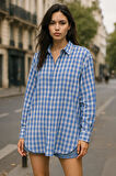 Kadın Mavi Beyaz Oversize Ekoseli Gömlek Over Fit Relaxed Gömlek