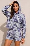 Kadın Lila Kapüşonlu Sweatshirt-Şortlu Alt Üst Takım Oversize Batik Desen İkili Takım