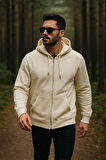 Erkek Kapüşonlu Pamuklu Sweatshirt Hırka Fermuarlı Rahat Kalıp Basic Hırka