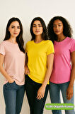 Kadın 3'lü Paket Pudra-Pembe-Sarı %100 Organik Pamuk Normal Kesim Tişört Bisiklet Yaka T-Shirt