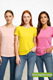 Kadın 3'lü Paket Pudra-Pembe-Sarı %100 Organik Pamuk Normal Kesim Tişört Bisiklet Yaka T-Shirt