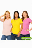 Kadın 3'lü Paket Pudra-Pembe-Sarı %100 Organik Pamuk Normal Kesim Tişört Bisiklet Yaka T-Shirt