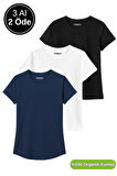 Kadın 3'lü Paket Siyah-Beyaz-Lacivert %100 Organik Pamuk Normal Kesim Tişört Bisiklet Yaka T-Shirt
