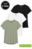 Kadın 3'lü Paket Siyah-Beyaz-Koyu Mint %100 Organik Pamuk Normal Kesim Tişört Bisiklet Yaka T-Shirt