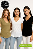 Kadın 3'lü Paket Siyah-Beyaz-Haki %100 Organik Pamuk Normal Kesim Tişört V Yaka T-Shirt