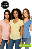 Kadın 3'lü Paket Mavi-Sarı-Pudra %100 Organik Pamuk Normal Kesim Tişört V Yaka T-Shirt