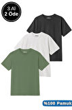 Erkek 3lü Paket Antrasit Melanj-Beyaz-Yeşil Pamuklu Oversize Tişört Bisiklet Yaka Kısa Kollu T-Shirt