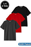 Erkek 3lü Paket Siyah-Kırmızı-Antrasit Pamuklu Oversize Tişört Bisiklet Yaka Kısa Kollu T-Shirt
