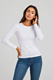 Kadın Beyaz Bisiklet Yaka Slim Fit Basic Tişört - Uzun Kollu Pamuklu T-shirt Bluz