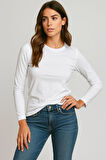 Kadın Beyaz Bisiklet Yaka Slim Fit Basic Tişört - Uzun Kollu Pamuklu T-shirt Bluz
