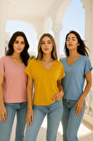 Kadın 3'lü Paket Pembe-Mavi-Hardal Viskon Ön Arka V Yakalı T-shirt Yarasa Kol Relaxed Bluz