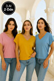 Kadın 3'lü Paket Pembe-Mavi-Hardal Viskon Ön Arka V Yakalı T-shirt Yarasa Kol Relaxed Bluz