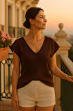 Kadın Kahverengi Viskon Ön Arka V Yakalı T-shirt Yarasa Kol Relaxed Bluz