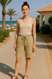 Kadın Yüksek Bel Cepli Bağcıklı Çift Cep Kapaklı Rahat Haki Şort - Yazlık Günlük Oversize Şort