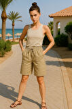 Kadın Yüksek Bel Cepli Bağcıklı Çift Cep Kapaklı Rahat Haki Şort - Yazlık Günlük Oversize Şort