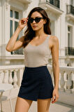 Kadın Lacivert Ince Süet Kumaş Arka Gizli Cep Detaylı Yüksek Bel Mini Şort Etek