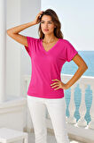 Kadın Pembe Viskon V Yakalı T-shirt Kısa Kol Rahat Kesim Bluz