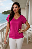 Kadın Pembe Viskon V Yakalı T-shirt Kısa Kol Rahat Kesim Bluz
