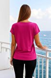 Kadın Pembe Viskon V Yakalı T-shirt Kısa Kol Rahat Kesim Bluz