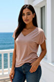 Kadın Pudra Pembe Viskon V Yakalı T-shirt Kısa Kol Rahat Kesim Bluz