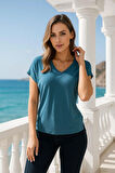 Kadın Petrol Mavisi Viskon V Yakalı T-shirt Kısa Kol Rahat Kesim Bluz