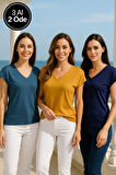 Kadın 3'lü Paket Lacivert-Hardal-Petrol Viskon V Yakalı T-shirt Kısa Kollu Rahat Kesim Bluz